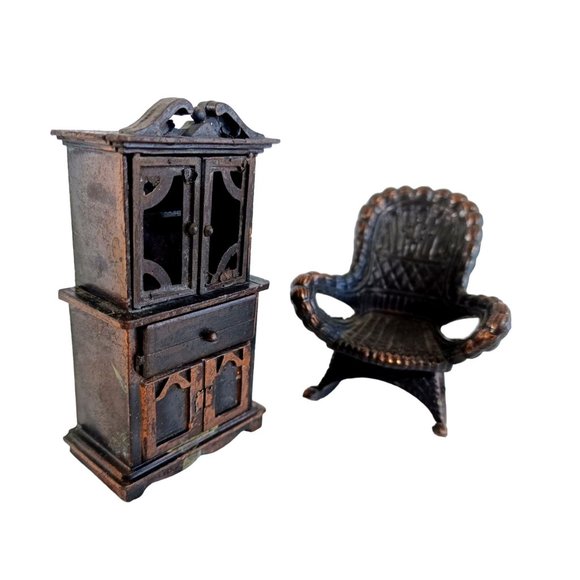 Vintage 1970's Bronze Die Cast Dollhouse Miniature 3" Cabinet & 2" Rocking Chair - Picture 4 of 8